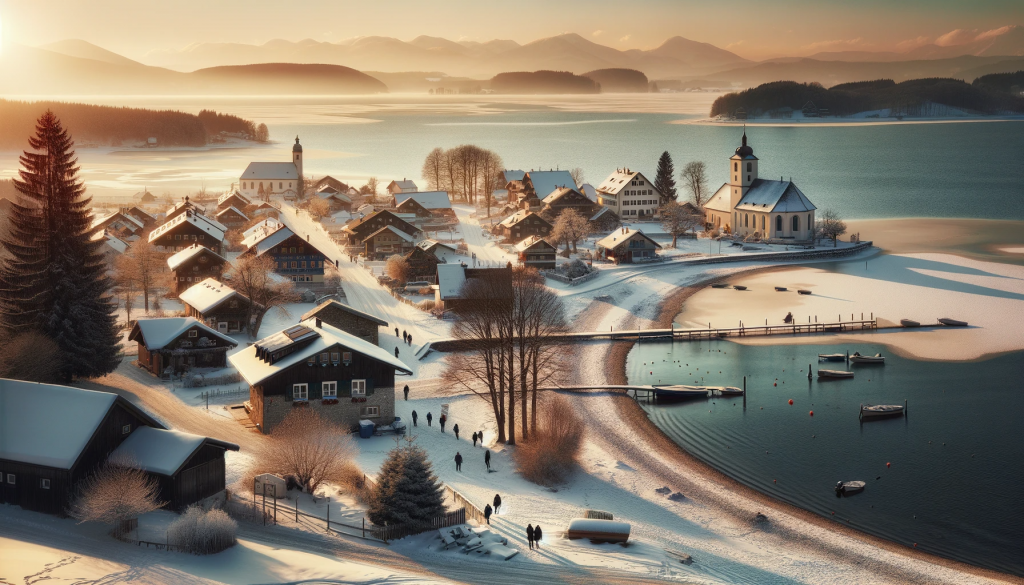 Winteransicht von Ehstra: Eine winterliche Szene des Dorfes Ehstra mit Blick auf den Strand und den zugefrorenen Grenzsee, bedeckt von Schnee und in ruhiger Stille.