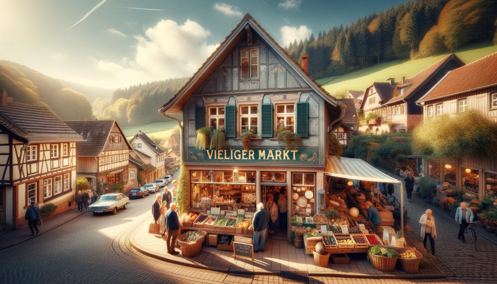 Straßenansicht in Vielig: Ein gemütlicher Blick auf eine Straße in Vielig an einem sonnigen Tag, mit dem 'Vieliger Markt', wo die Dorfbewohner einkaufen und sich austauschen.