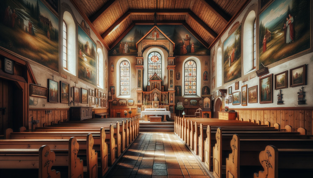 Innenansicht der Kirche der Heiligen Brigitta: Eine charmante Ansicht des Innenraums der Dorfkirche mit rustikalen Holzbänken, einem einfachen Altar und kleinen Buntglasfenstern.
