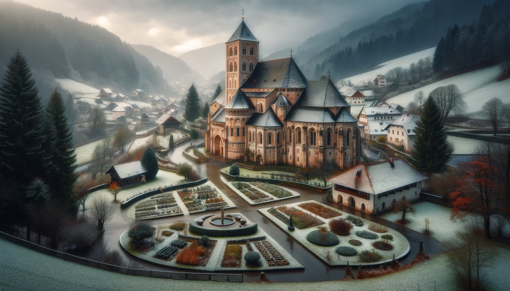 A tranquil winter scene with light rain at St. Ewald Monastery, nestled on a scenic hill overlooking Grenzbach in Felos. This image depicts the monastery's 14th-century Romanesque architecture, harmoniously integrated with the natural landscape. The monastery church, an exemplary piece of medieval architecture, features a 15th-century main altar illustrating Saint Ewald's life. The church is famous for its acoustics, enhancing the chants of the monks. The monastery's gardens, cultivated by Brother Johannes, contain rare herbs used in their distillery for making renowned herbal liqueurs by Brother Matthias. The monastery library, managed by Sister Agnes, is a treasure trove of medieval manuscripts and rare books, frequented by academics and students from the nearby Center for Genetics and Molecular Medicine. The monastery's role in the local community is evident, with visits from Friedrich Müller, a local artist, and Aria Kim, the owner of a nearby store, who regularly contribute their artistic inspiration and homemade products to the monastery. This image captures the monastery as a center of faith, learning, culture, and community interaction.