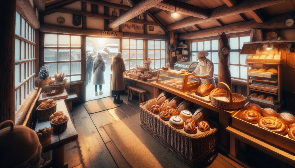 The interior of a cozy, rustic village bakery in Wansa during winter. The scene shows a warm and inviting atmosphere with a baker displaying fresh bread and pastries, customers in winter clothes, and a light drizzle visible through the windows.