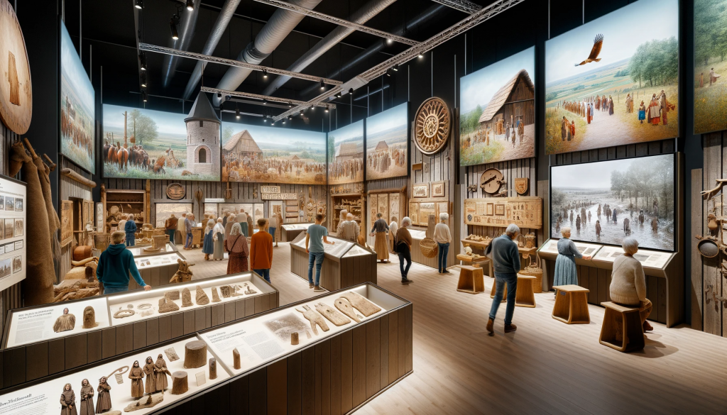 Inside the Grenzlandmuseum in Wansa, showcasing an interactive exhibition. The scene depicts visitors engaging with displays about the early history of the region, including artifacts and reconstructions. The environment is vibrant and educational, with panels describing the life of the first settlers and interactive screens allowing visitors to explore different historical eras.