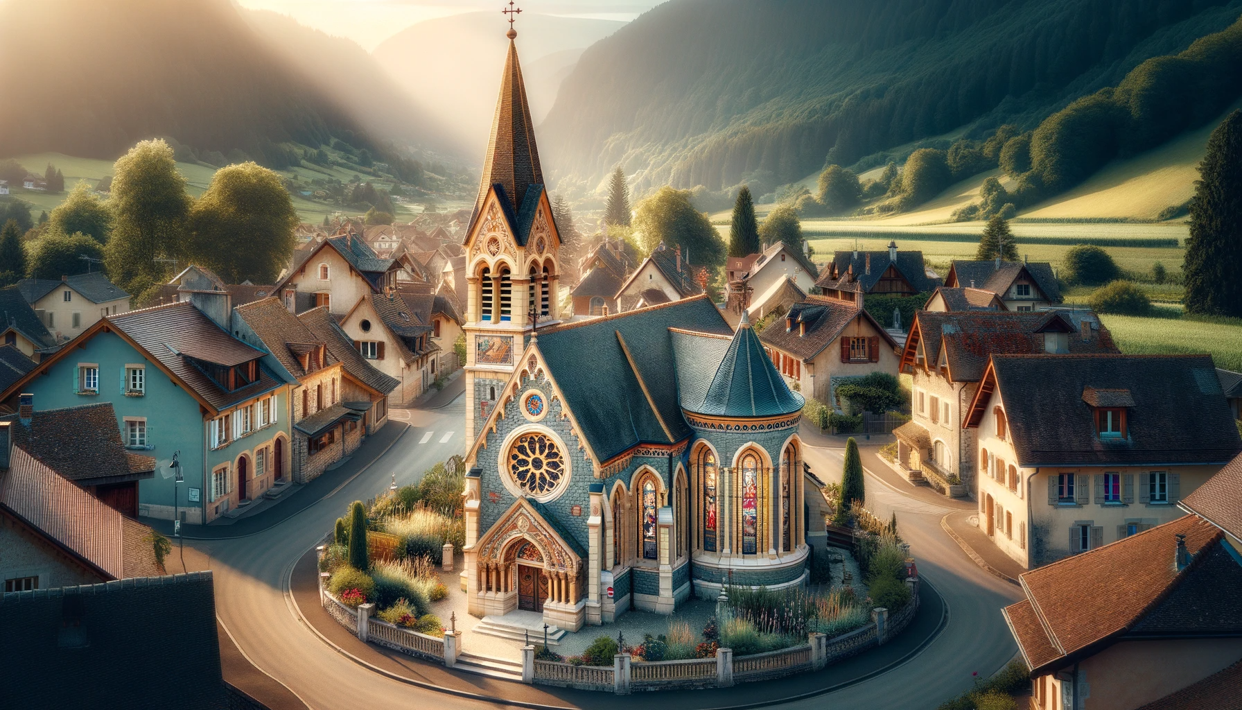 Bild der Dorfkirche, gewidmet dem Heiligen Galaxiel - Dieses Bild zeigt die mittelalterliche Kirche im Herzen von Mühlen mit ihrem markanten Kirchturm.