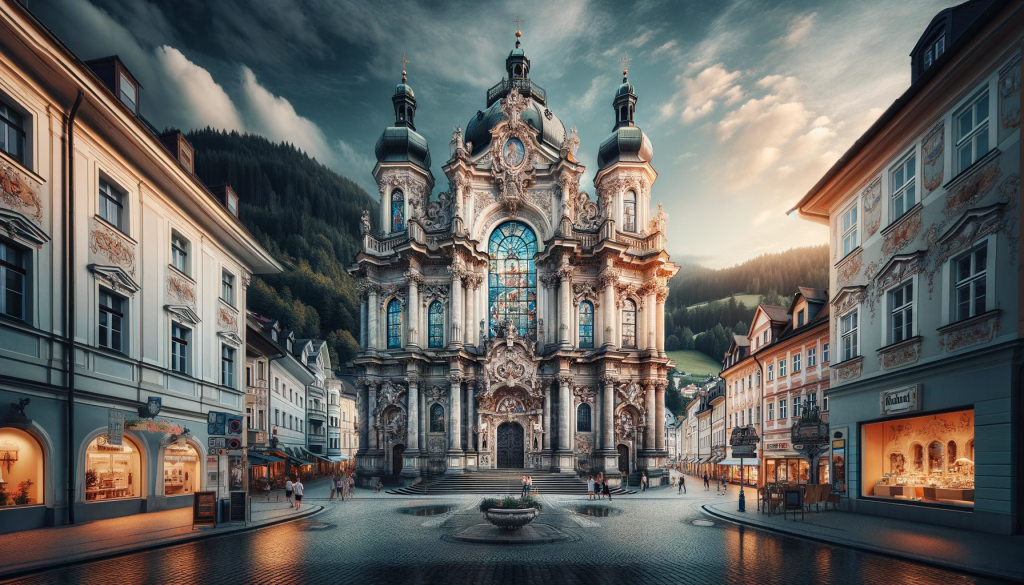 A captivating image of the St. Waldemar Church in Barock, reflecting the town's rich history and cultural heritage. The church, a stunning example of architectural beauty, stands majestically in the heart of the old town. Its detailed façade, with ornate glass windows and a grand entrance, is a testament to the town's commitment to preserving its history. The surroundings are filled with the vibrant life of the town, with people walking by and small shops and cafes in the background.