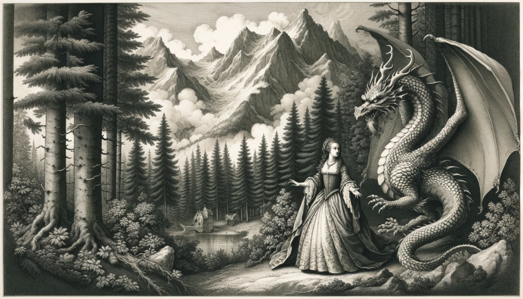 Begegnung der Mätresse des Grafen Waldemars VII mit dem Drachen - Illustration aus dem Werk "In Aspectu Draconis" des Hieronymus Waldensis von 1765