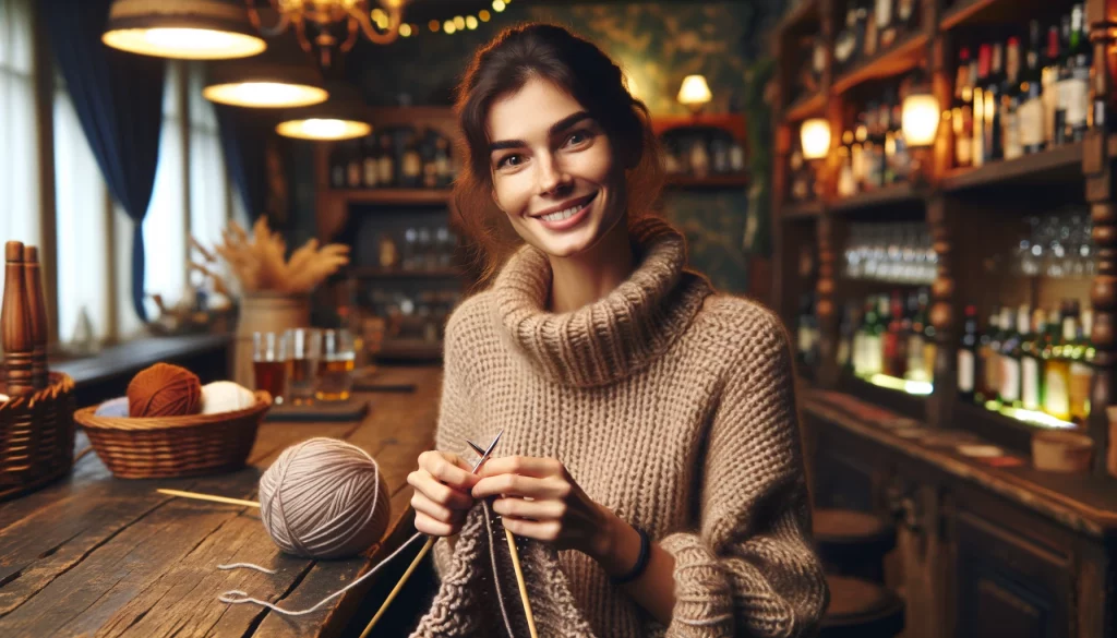 Freja Eriksson, hinter der Theke strickend