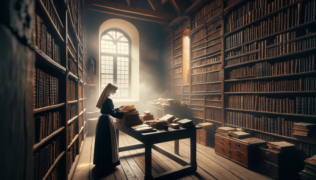 Schwester Maria in der Bibliothek
