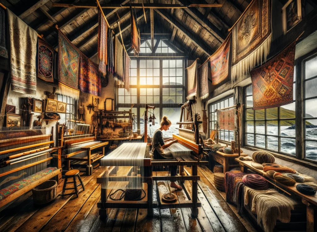 Die Weberei "Glitzernde Gewebe": Ein Einblick in die traditionelle Handwerkskunst der Weberei, wo Anna Svendsen und ihr Team an Webstühlen arbeiten, um Stoffe zu schaffen, die das Licht der Sturmsee einfangen. Die Werkstatt ist ein lebhaftes Bild von Kreativität und Können.