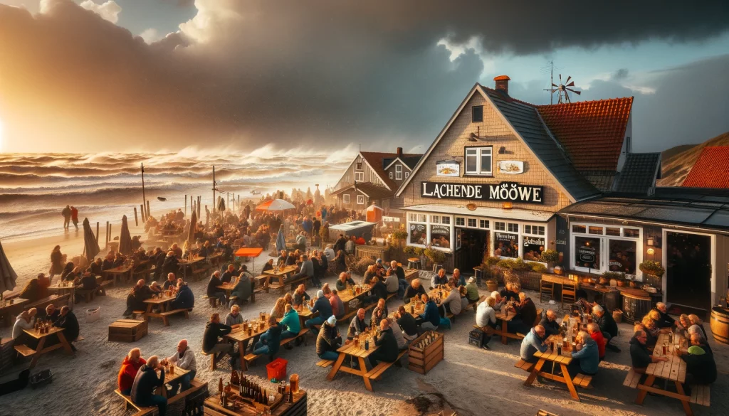 Die lebhafte Gaststätte "Lachende Möwe": Eine Szene an der Gaststätte am Strand, wo sich Einheimische und Besucher versammeln, um die köstlichen Fischgerichte und das lokale Bier zu genießen. Die warme und einladende Atmosphäre spiegelt den Gemeinschaftsgeist des Küstendorfes wider.