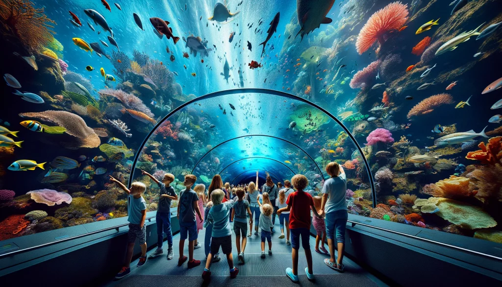 Durch Glastunnel begehbare Aquarien