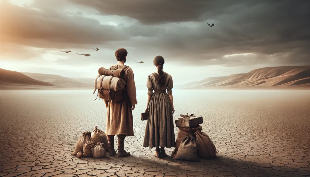 Hier ist eine Illustration, die die Szene darstellt, in der Abram und Sarai sich auf ihre lange Reise vorbereiten, am Rande einer weiten, trockenen Landschaft, die die Schwere der Hungersnot und den Beginn ihrer Reise symbolisiert.