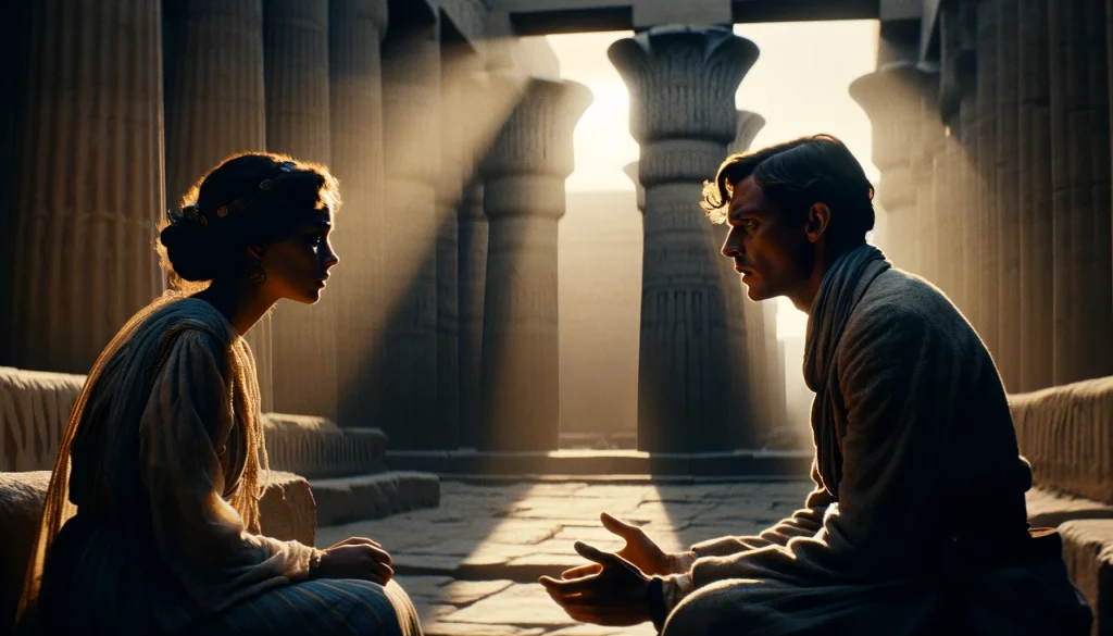 Nun folgt die Illustration, die den Moment darstellt, in dem Abram mit Sarai über seine Befürchtungen spricht. Sie stehen im Schatten einer alten Struktur, was ihre Nähe zu Ägypten und die Spannung des Moments unterstreicht.