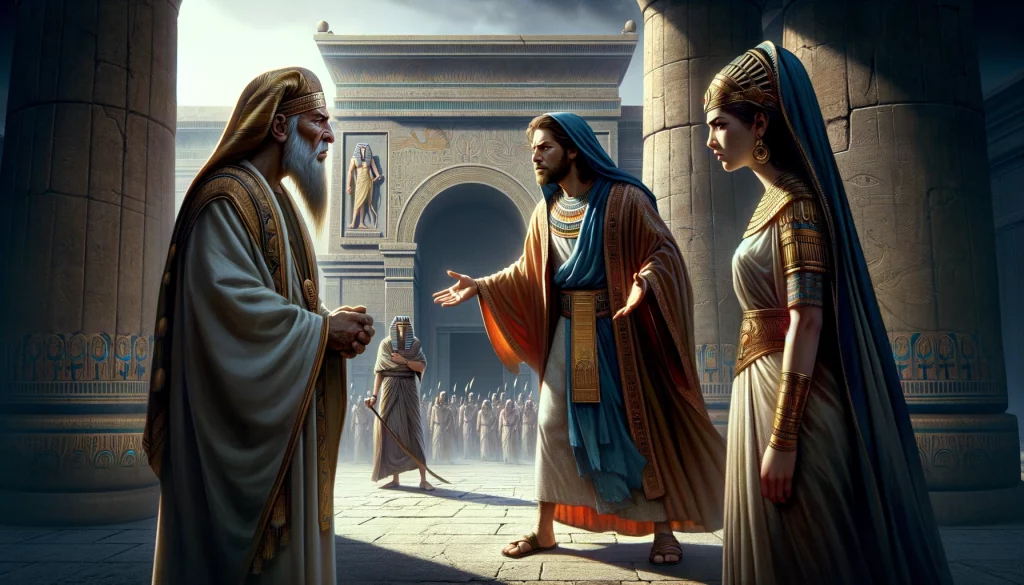 Die letzte Szene zeigt die Konfrontation zwischen Pharao und Abram, in der Sarai zu Abram zurückgekehrt wird, symbolisiert durch die Anwesenheit der drei Personen vor der prächtigen Kulisse des Palastes.
