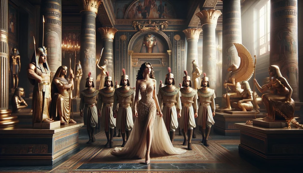 Hier sehen wir die Darstellung, wie Sarai von Wächtern in den prunkvollen Palast geführt wird, umgeben von Reichtümern und Zeichen königlicher Macht, was ihre Einführung in den Harem des Pharao symbolisiert.
