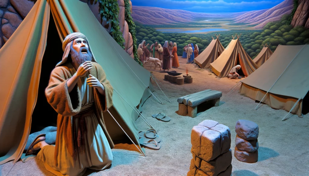 Hier siehst du die Darstellung von Abrams Lager nahe Bet El und 'Ai, mit einem neu errichteten Altar für Adonai. Abram ruft den Namen Adonais an, sein Gesicht erleuchtet von Glaube und Hingabe. Das Lager ist zwischen Bet El im Westen und 'Ai im Osten strategisch platziert, was Abrams fortgesetzte Reise und Engagement für Gott unterstreicht.