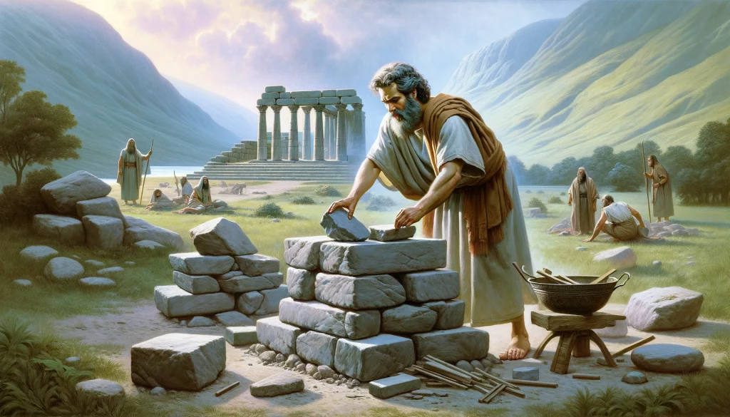 Hier ist eine Darstellung von Abram, der einen Altar aus Steinen errichtet, um Adonai zu danken, der ihm erschienen ist und das Land seinen Nachkommen versprochen hat. Abram zeigt sich dankbar und hingebungsvoll, während Sarai und Lot im Hintergrund den Moment bezeugen.