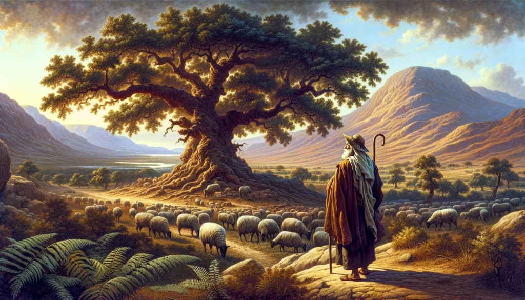 In dieser Szene siehst du Abram, wie er durch das Land zum Ort Schekhem reist, nahe der Eiche Moreh, einem symbolischen Ort der Erkenntnis und Offenbarung im alten Kanaan. Die Eiche Moreh steht majestätisch und vereinzelt, ein Sinnbild für Weisheit und Führung, während Abram mit nachdenklichem Blick in ihre Richtung schaut.
