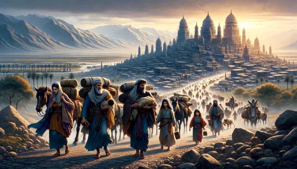 Diese Illustration zeigt die Reise der Familie von Ur Kasdim nach Charan. Sie veranschaulicht den Moment ihrer Abreise und den Beginn ihres langen Weges zu einem neuen Land. Die Entschlossenheit und Hoffnung, mit der sie sich dem Unbekannten stellen, während die charakteristische Architektur von Ur im Hintergrund verblasst, wird hier deutlich gemacht.
