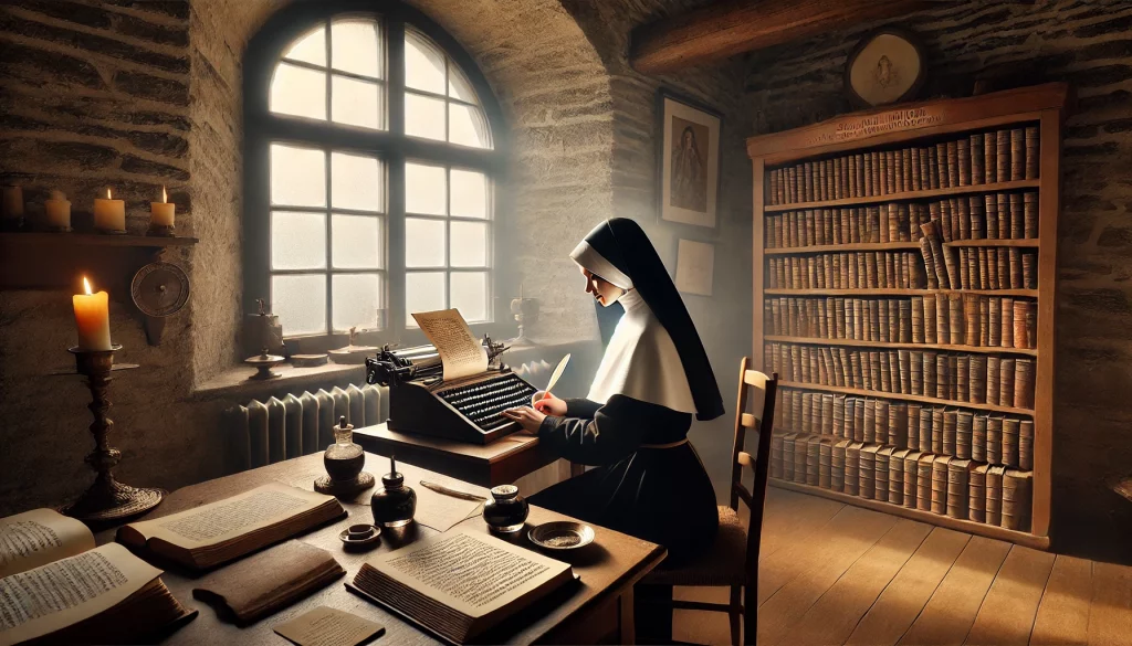 Schwester Lydia in der Schreibstube des Kloster Sturmwacht