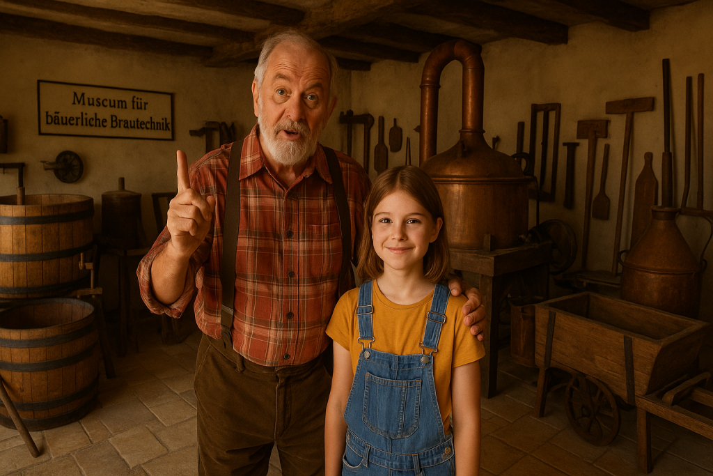 Karl-Robert Glein und seine Enkelin Marie im Museum für bäuerliche Brautechnik