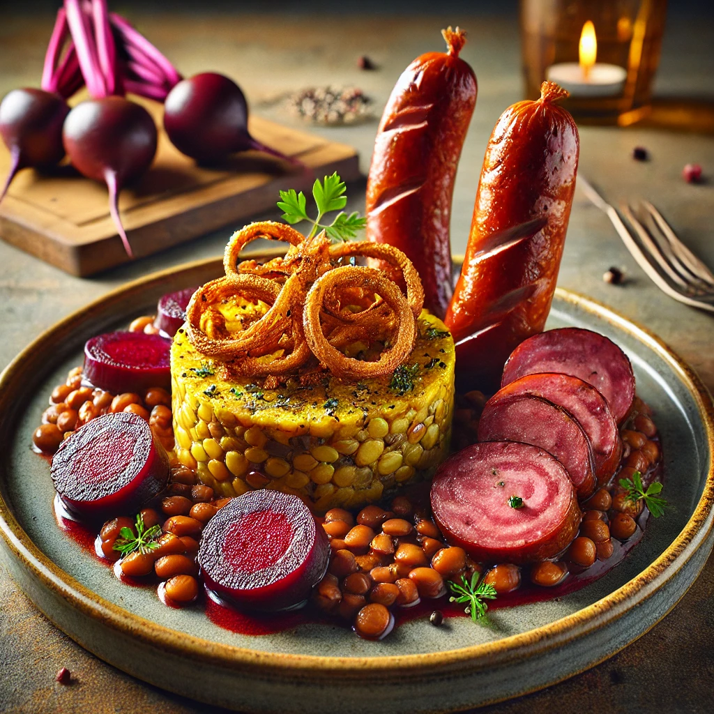 Mettenden, Linsenkuchen mit Zwiebelkrokant und eingelegten Rüben in Apfelessiglake
