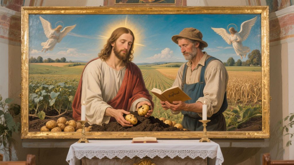 "Jesus beim Kartoffelverlesen" - Altargemälde in der Kirche St. Zephaniel in Kleintolkau