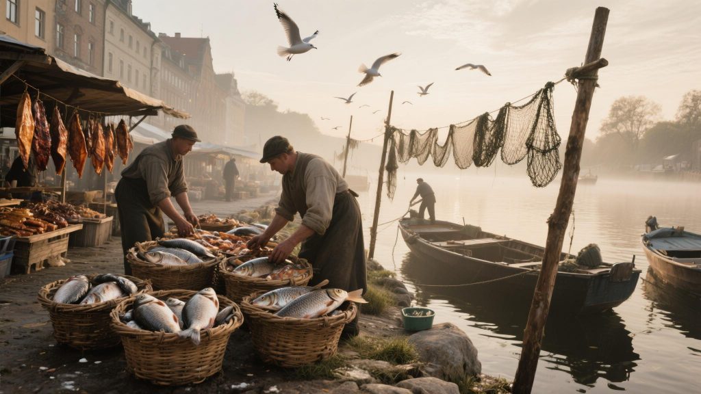 Fischer packen für den Fischmarkt
