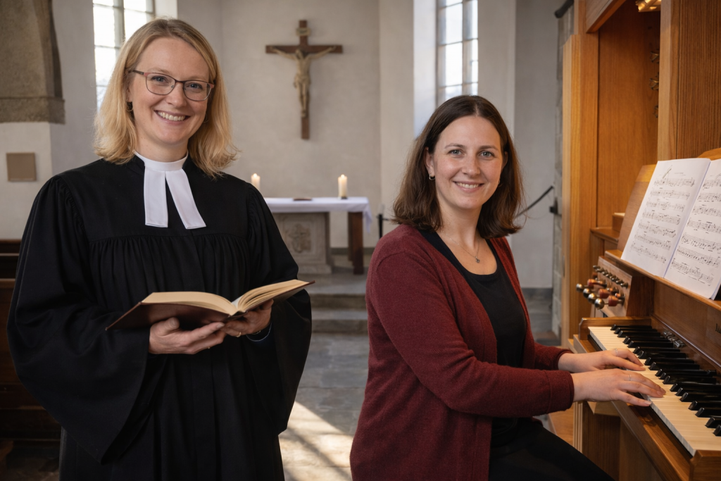 Pfarrerin Svea Martensen und Kantorin Nele Fichtner in der Kirche St. Rochus