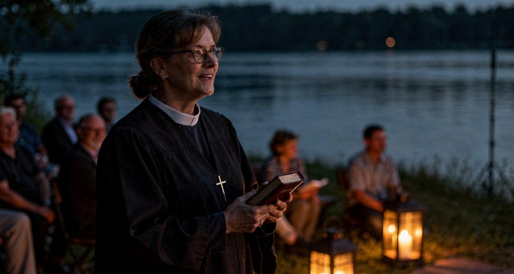 Pfarrerin Livia Mertens bei einer Andacht am Fluss