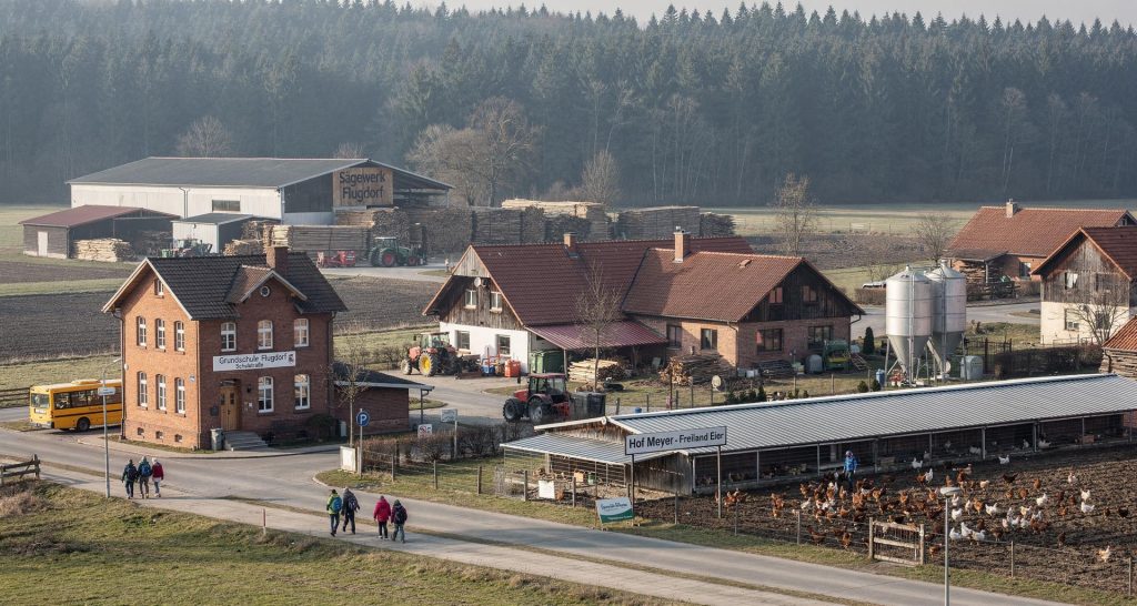 Sägewerk, Schule und Hühnerhof