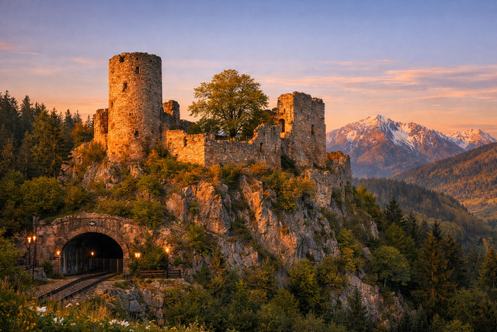 Die alte Burg glüht im Abendlicht