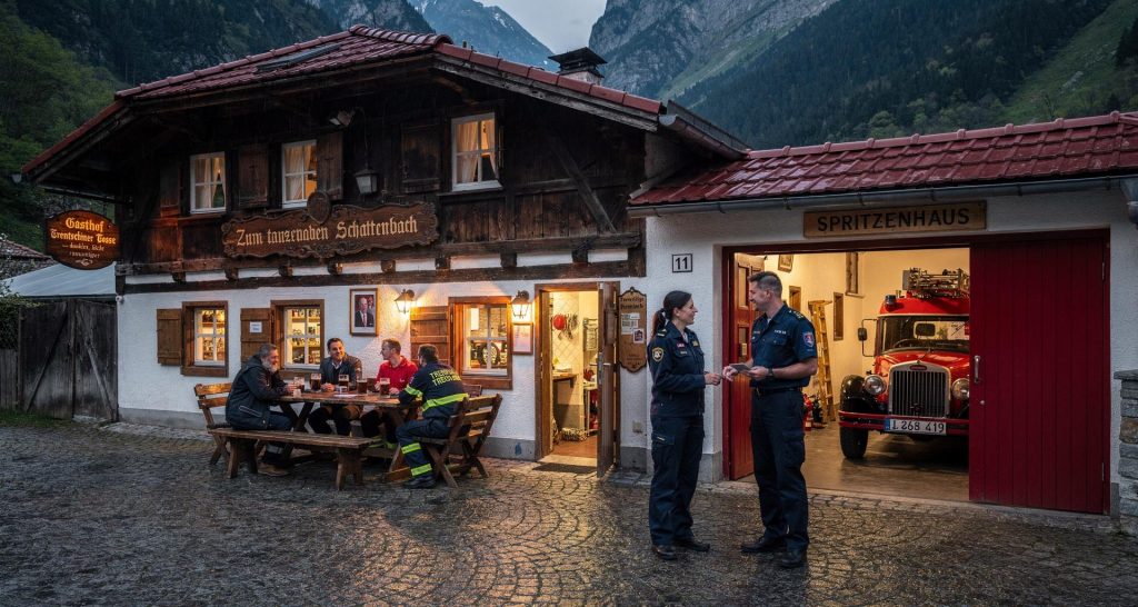 Gasthof „Zum tanzenden Schattenbach“ und Feuerwehr